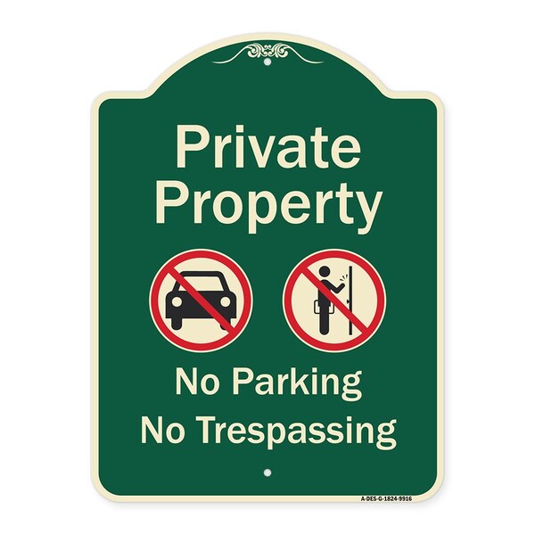Signmission Designer Series-Private Property No Parking Or Trespassing With Symbols, 24" x 18", G-1824-9916 A-DES-G-1824-9916 - main